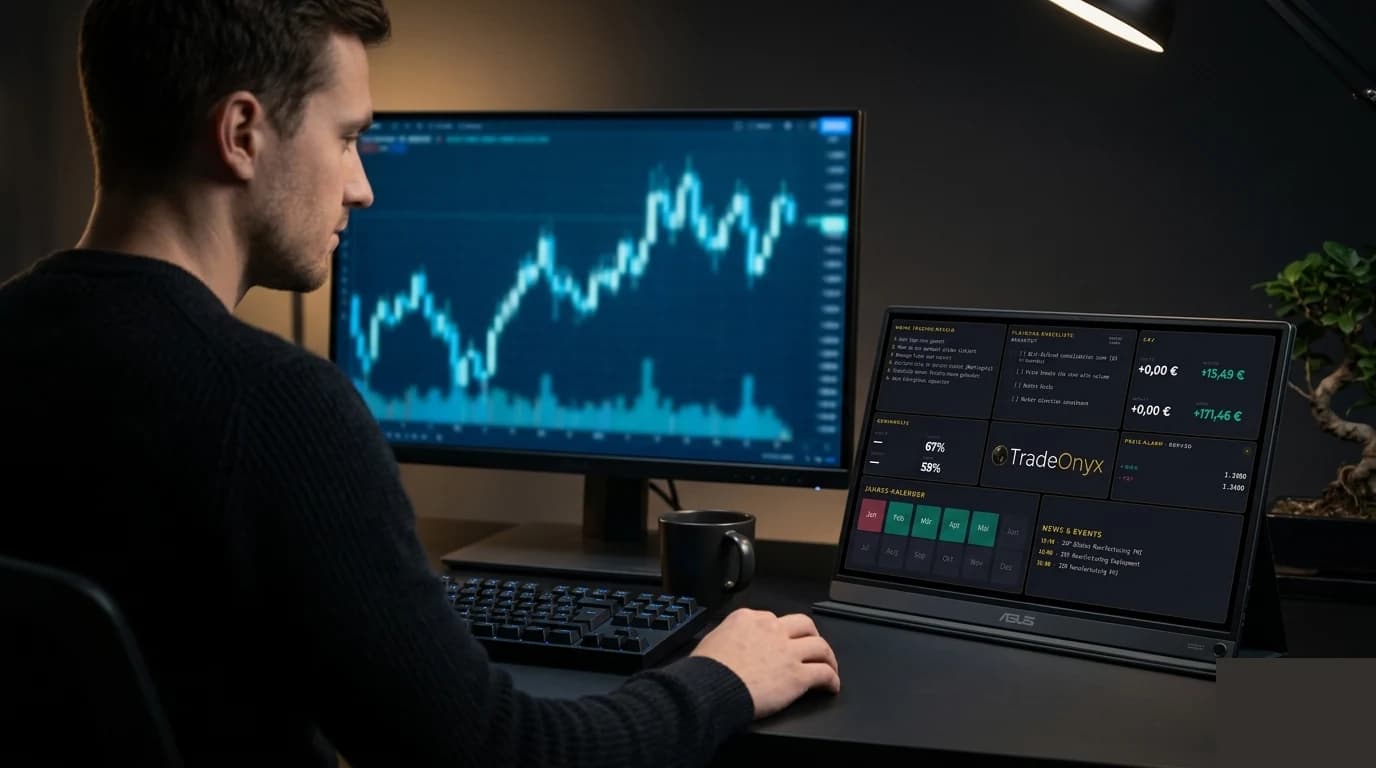 Trader at their desk with the TradeOnyx hardware dashboard on a second monitor