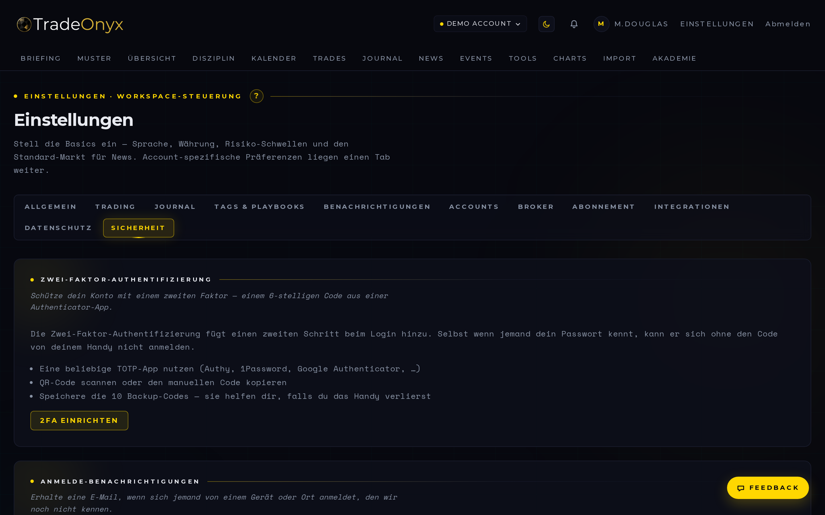 TradeOnyx Einstellungen → Broker — Auto-Sync-Schalter oben mit Tageslauf-Uhrzeit (04:30 UTC) und Hinweis auf manuelles Syncen