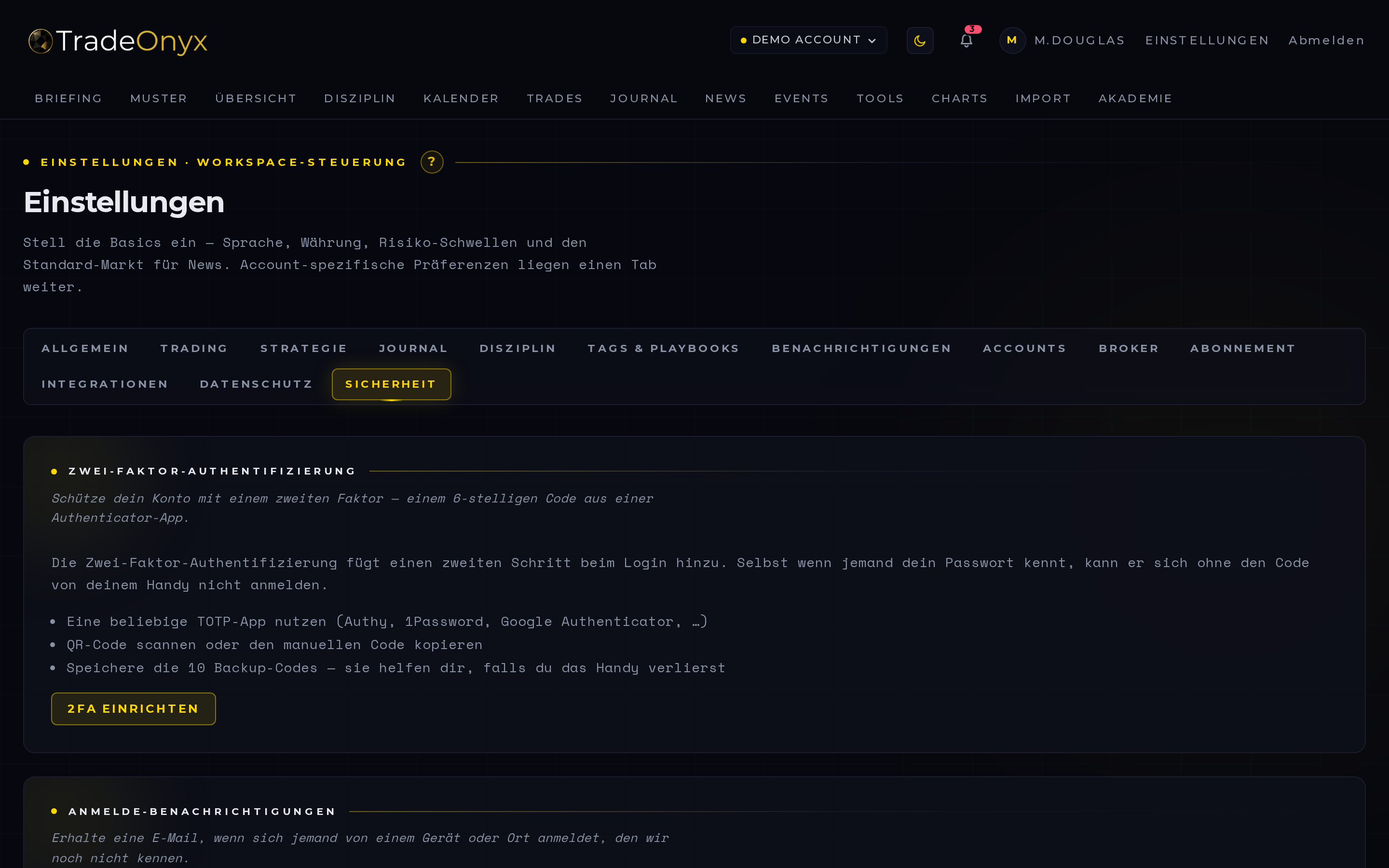 TradeOnyx Einstellungen → Broker — Auto-Sync-Schalter oben mit Tageslauf-Uhrzeit (04:30 UTC) und Hinweis auf manuelles Syncen