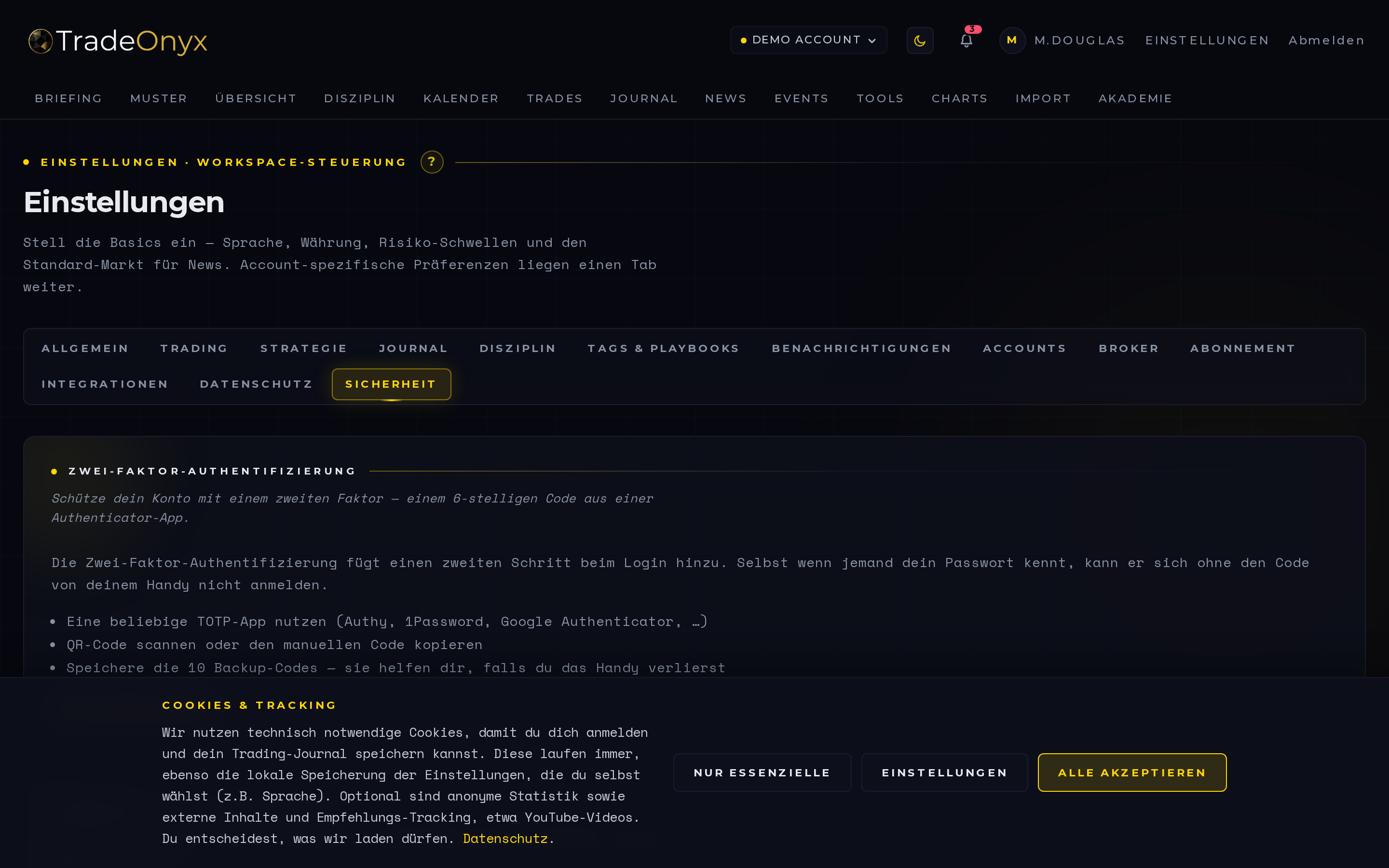 TradeOnyx Einstellungen → Broker — Auto-Sync-Schalter oben mit Tageslauf-Uhrzeit (04:30 UTC) und Hinweis auf manuelles Syncen