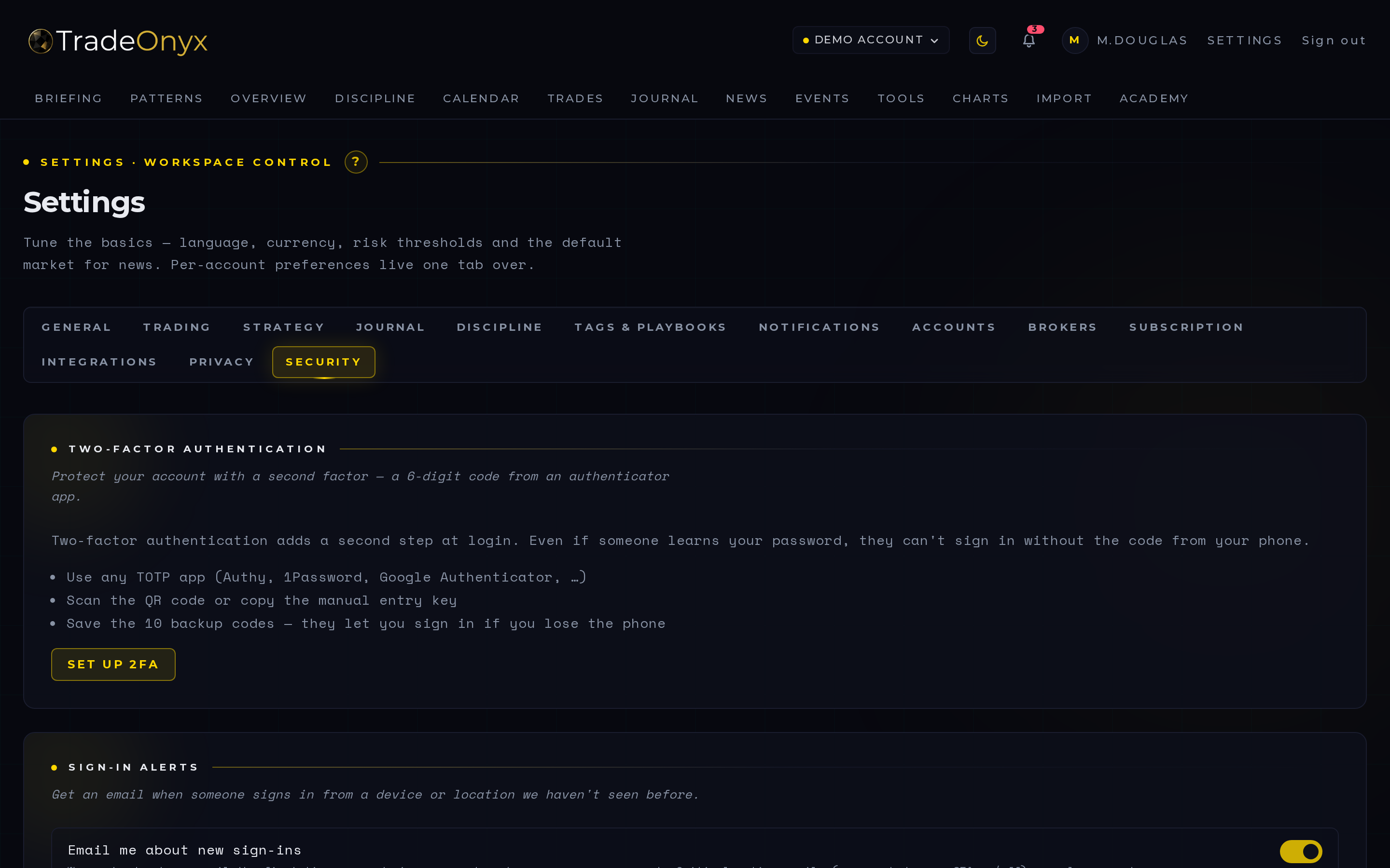 TradeOnyx Settings → Brokers — auto-sync toggle at the top with daily run schedule (04:30 UTC) and manual-sync hint
