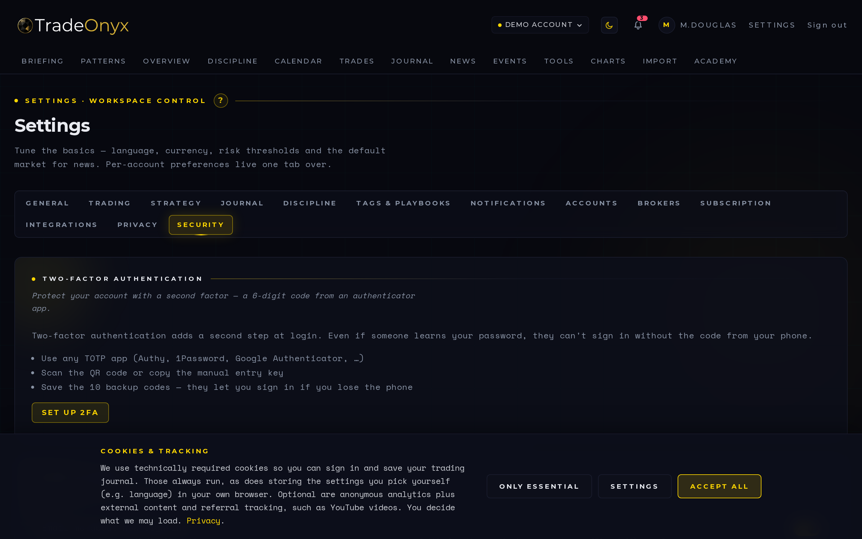 TradeOnyx Settings → Brokers — auto-sync toggle at the top with daily run schedule (04:30 UTC) and manual-sync hint
