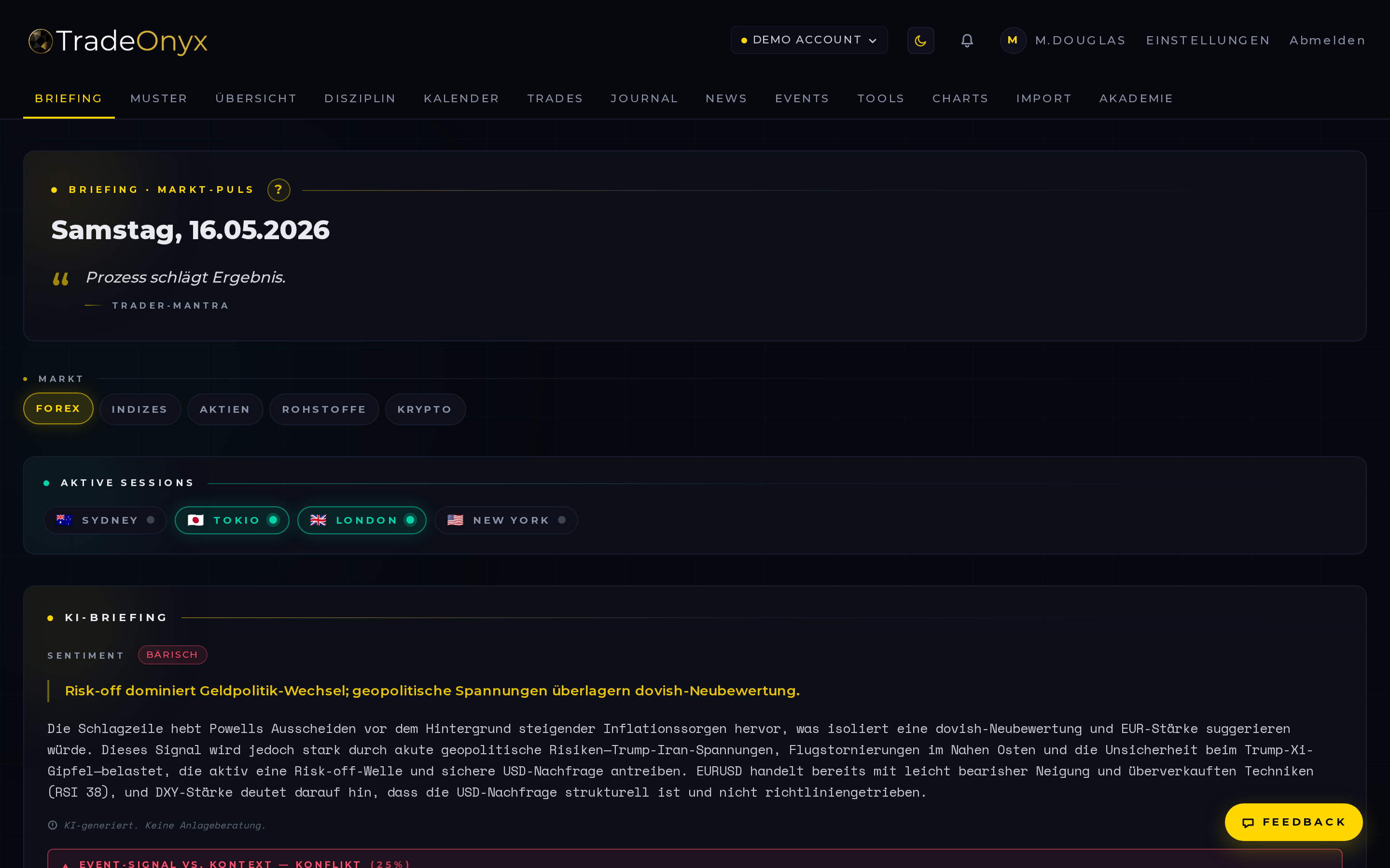 TradeOnyx Briefing-Tab — Pre-Market-Plan, Market Temperature, aktive Sessions, Tages-KPIs