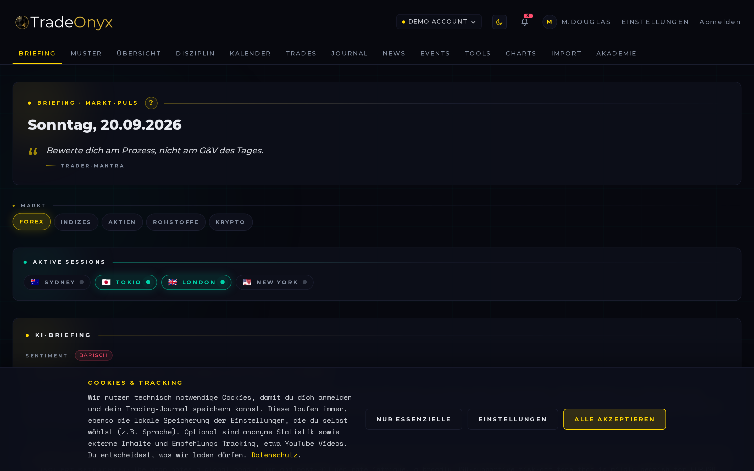 TradeOnyx Briefing-Tab — Pre-Market-Plan, Market Temperature, aktive Sessions, Tages-KPIs