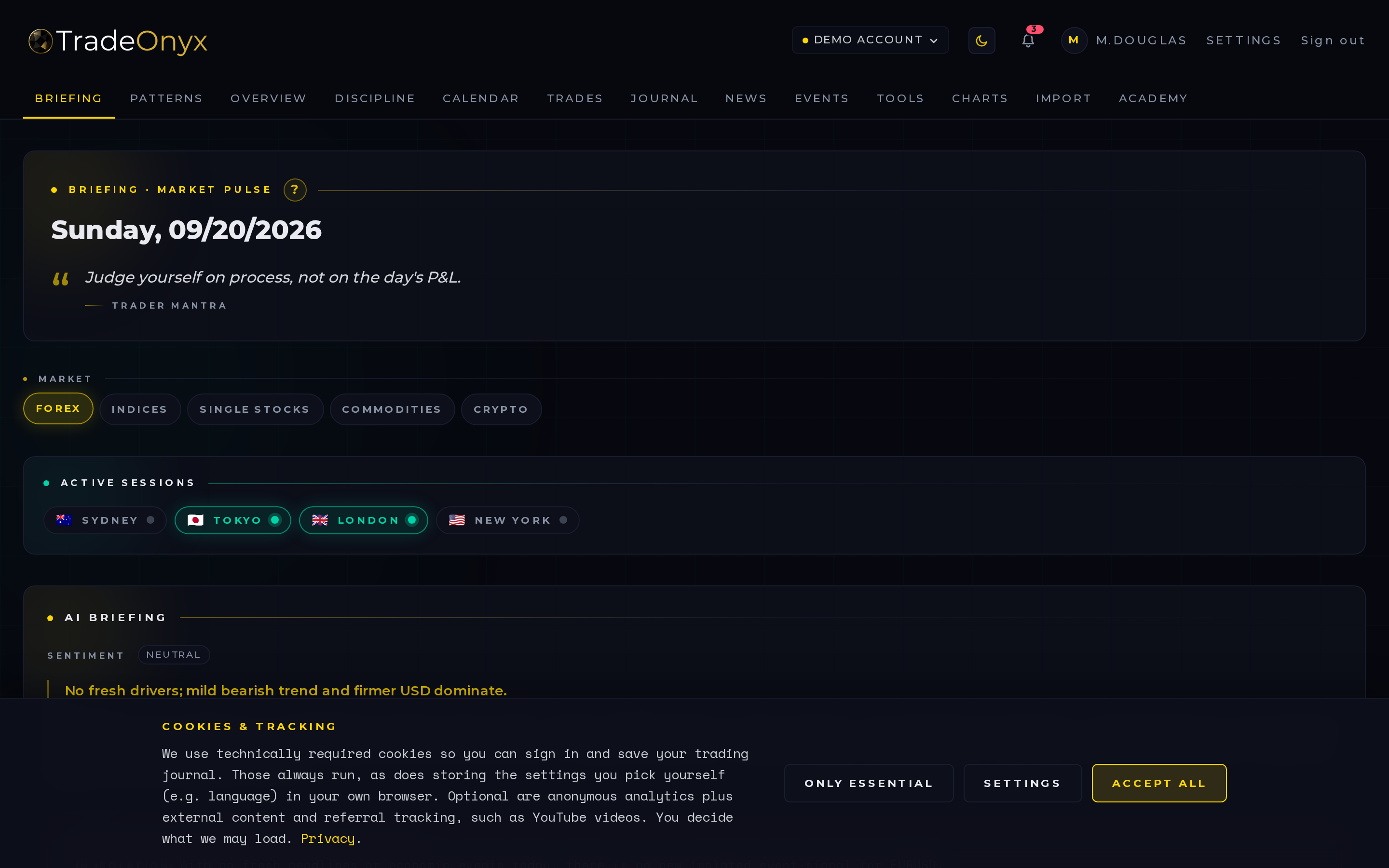 TradeOnyx Briefing tab — pre-market plan, market temperature, active sessions, daily KPI tiles