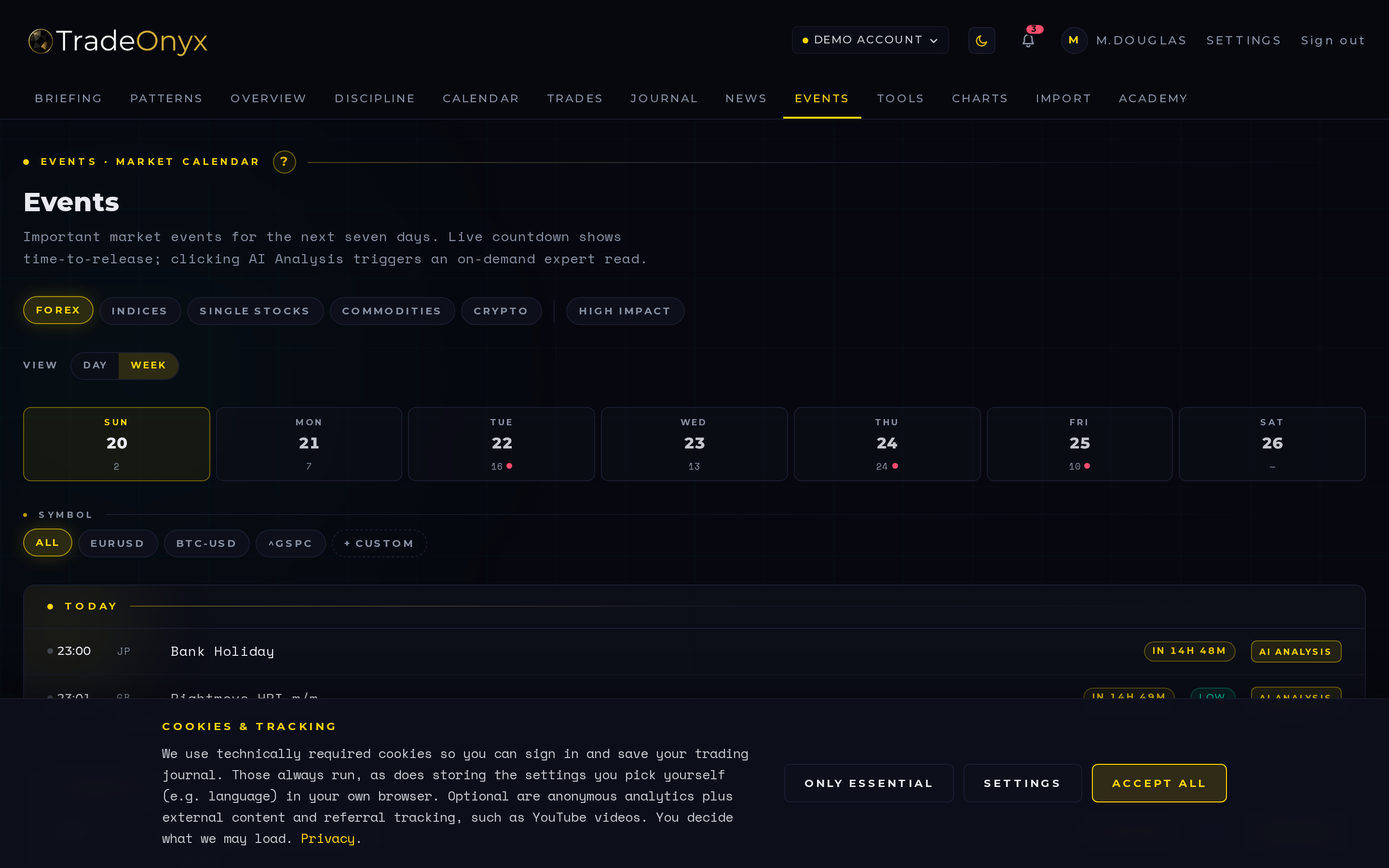 TradeOnyx Economy tab — economic calendar with high/medium/low impact flags, country filter, and forecast vs. actual vs. previous columns