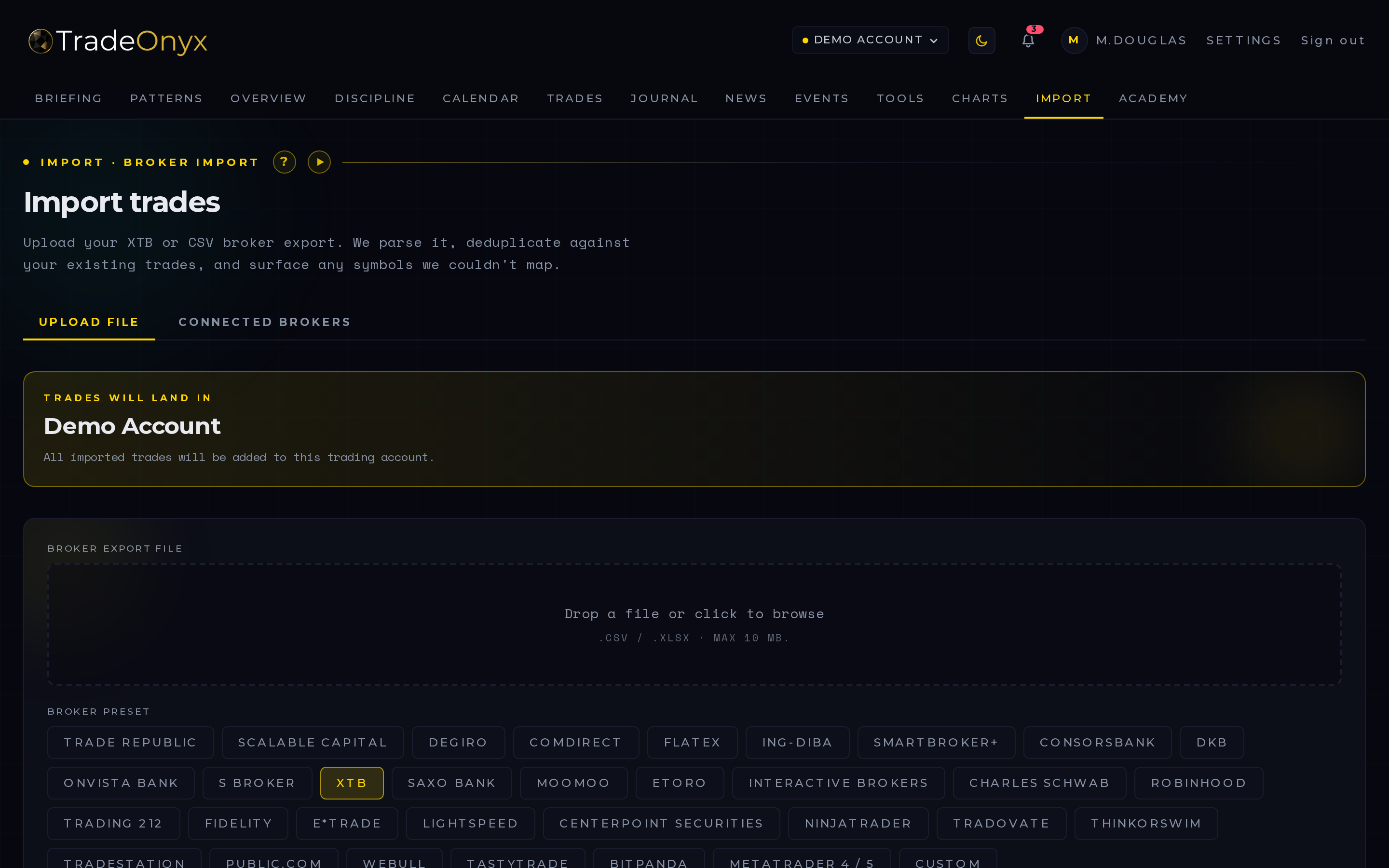 TradeOnyx Import tab — drag-and-drop CSV/Excel upload with broker preset selector, per-broker timezone, account assignment, and dedupe preview
