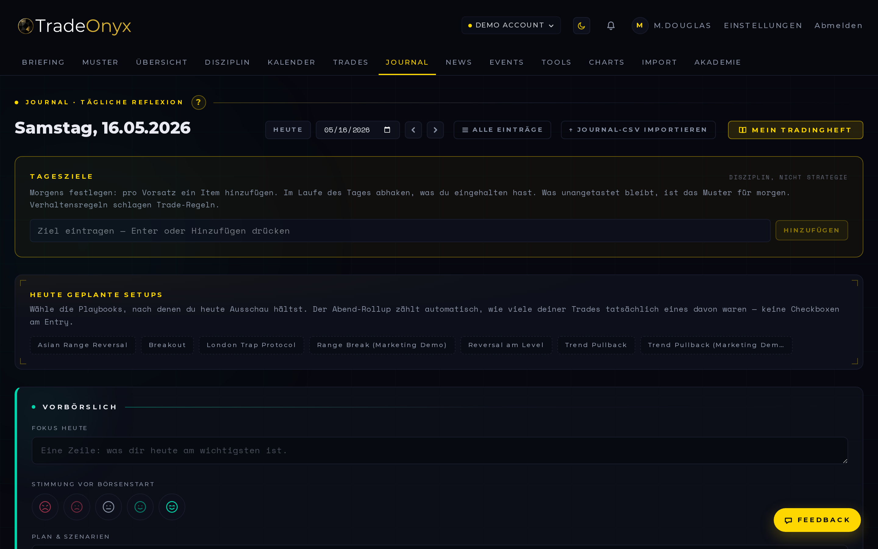 TradeOnyx Journal — Trade-Review-Feed mit Mood-Tracking, Tagesreflexionen, Plan-eingehalten-Flag pro Trade