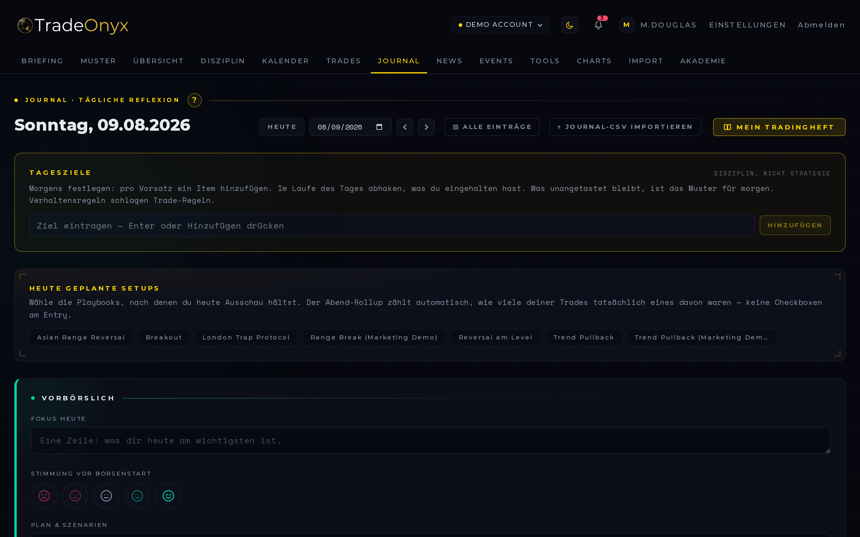 TradeOnyx Journal — Trade-Review-Feed mit Mood-Tracking, Tagesreflexionen, Plan-eingehalten-Flag pro Trade