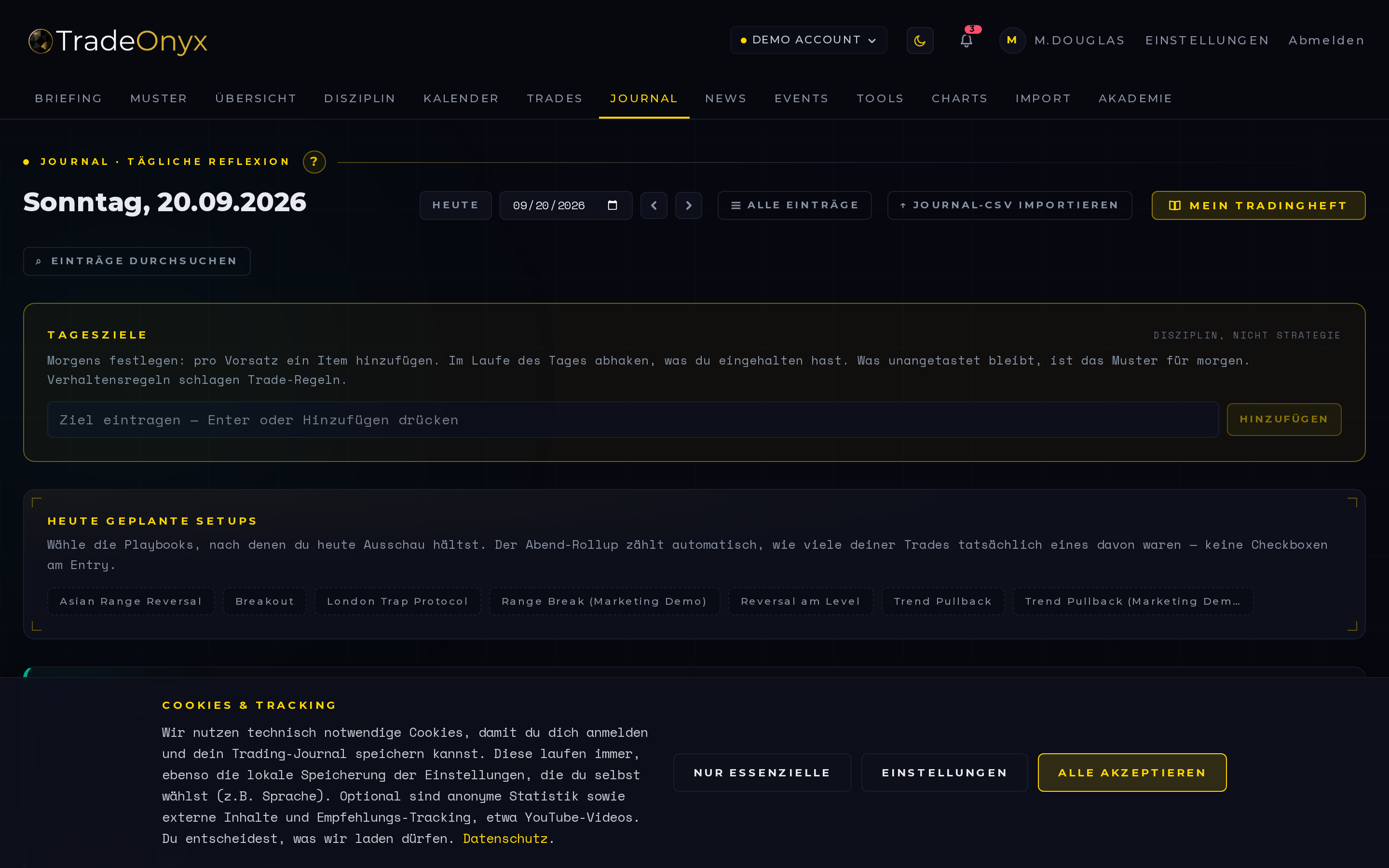 TradeOnyx Journal — Trade-Review-Feed mit Mood-Tracking, Tagesreflexionen, Plan-eingehalten-Flag pro Trade