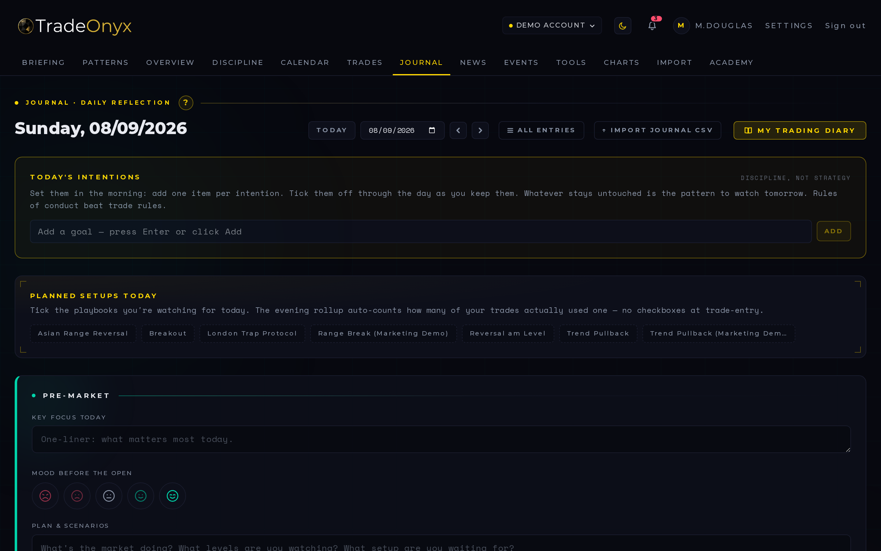 TradeOnyx Journal tab — trade-review feed with mood tracking, daily reflections, plan-followed flag per trade