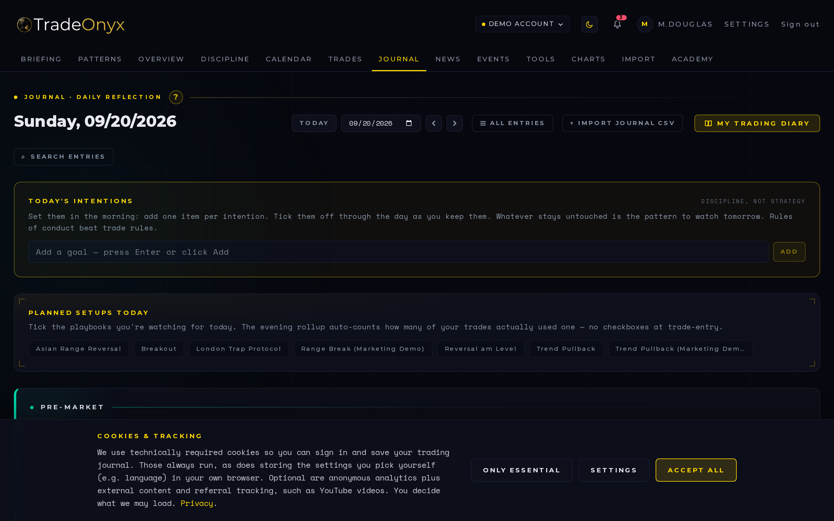 TradeOnyx Journal tab — trade-review feed with mood tracking, daily reflections, plan-followed flag per trade
