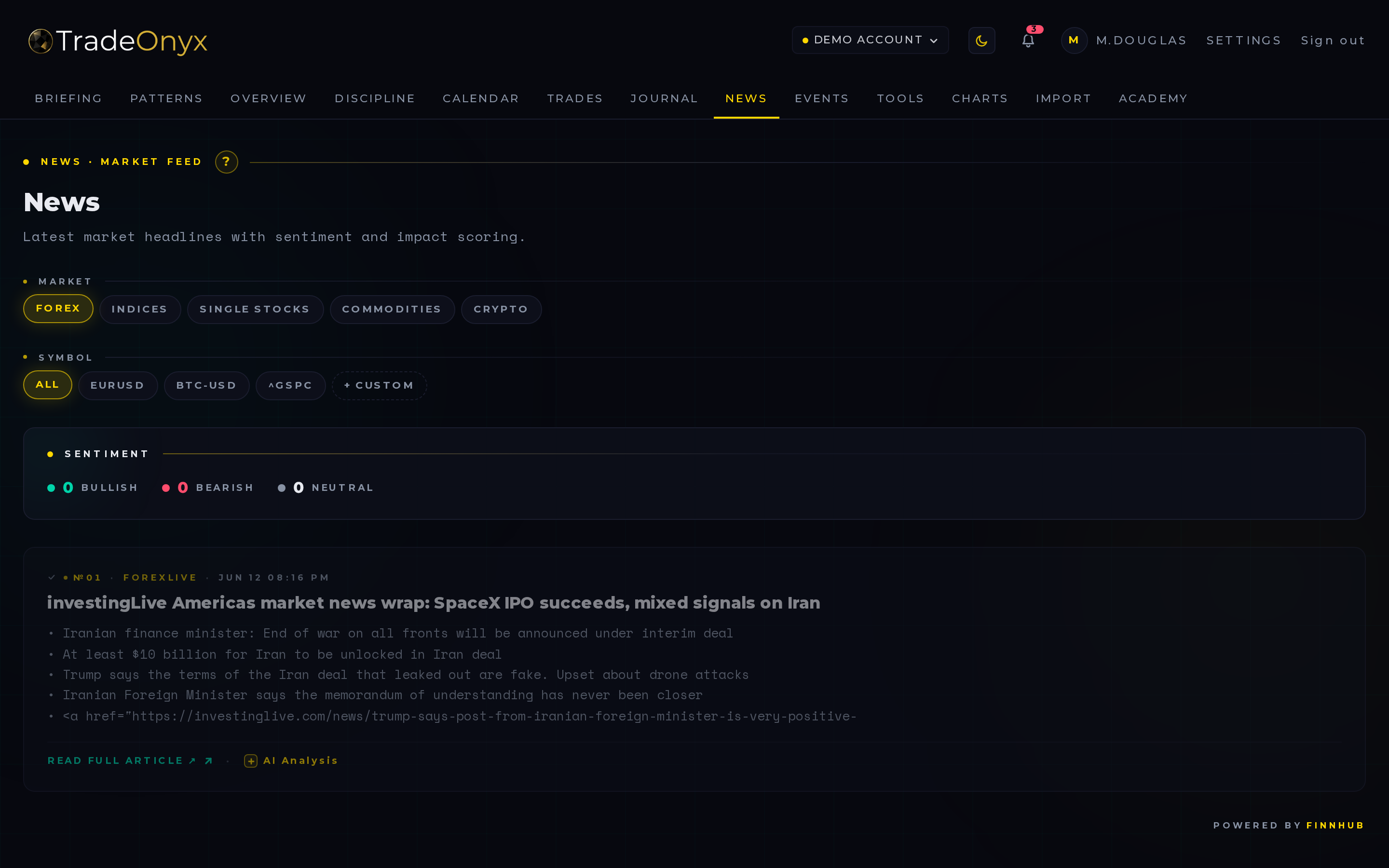 TradeOnyx News tab — live market headlines filtered by asset class with past/fresh/upcoming freshness indicators on each story