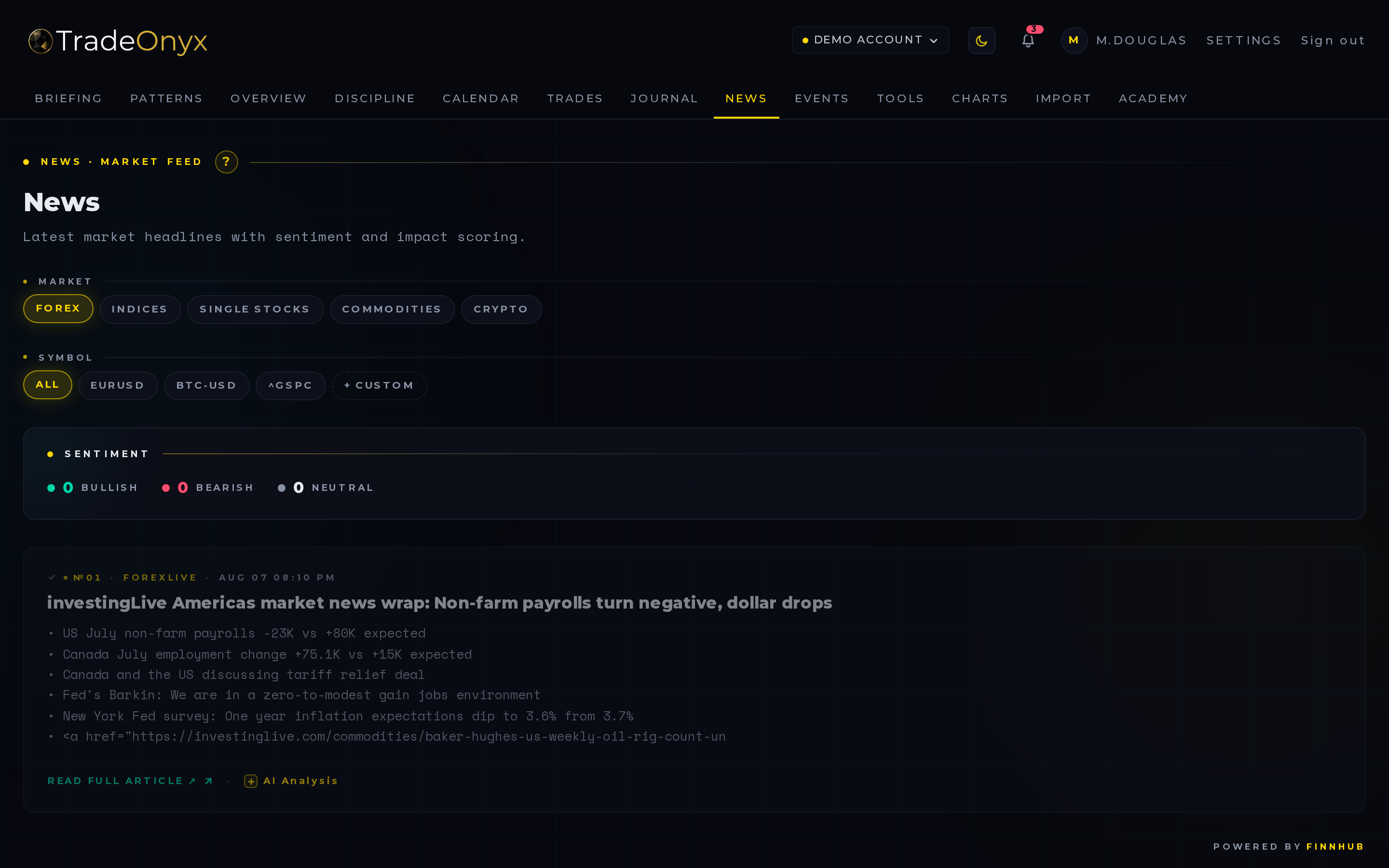 TradeOnyx News tab — live market headlines filtered by asset class with past/fresh/upcoming freshness indicators on each story