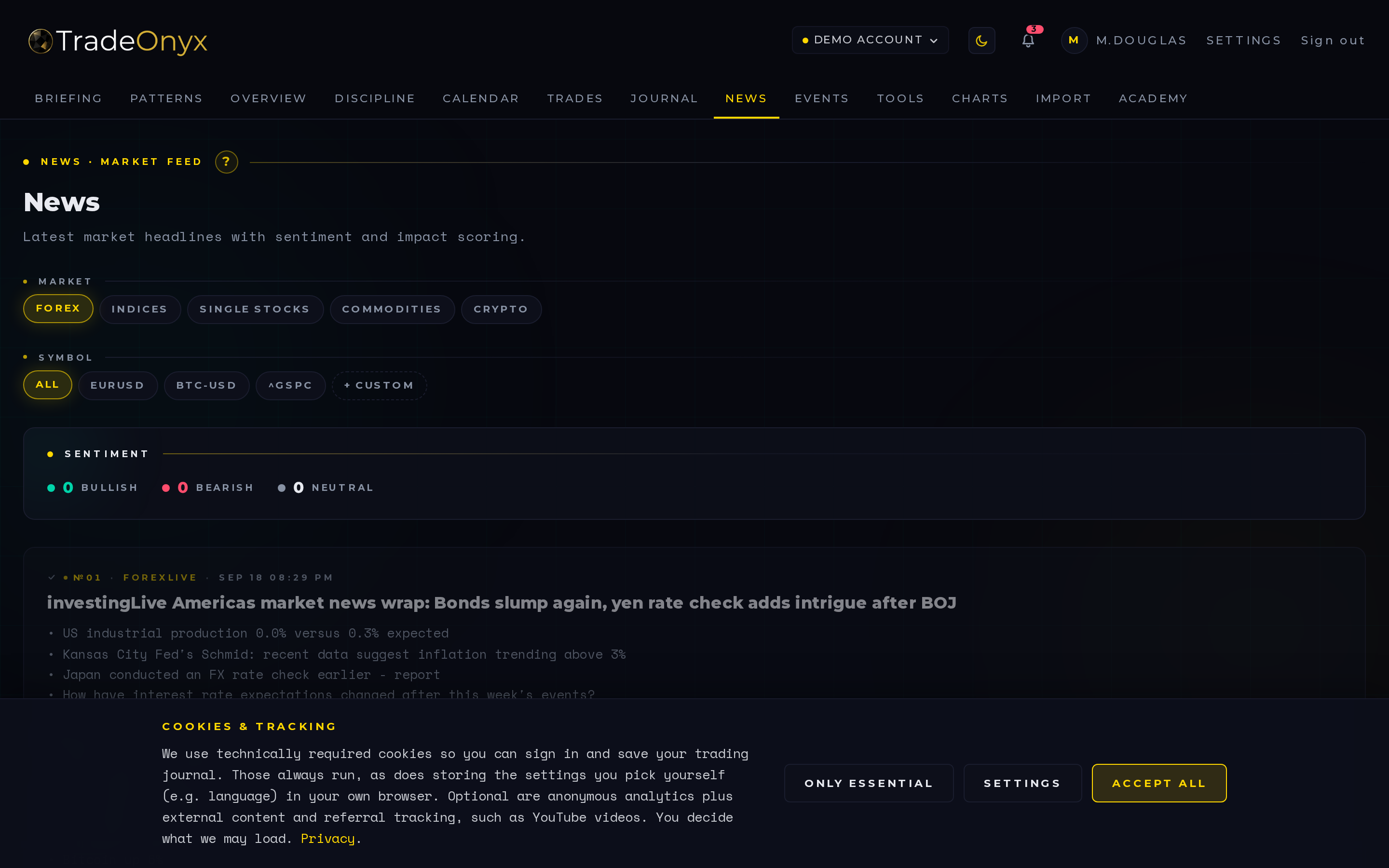 TradeOnyx News tab — live market headlines filtered by asset class with past/fresh/upcoming freshness indicators on each story