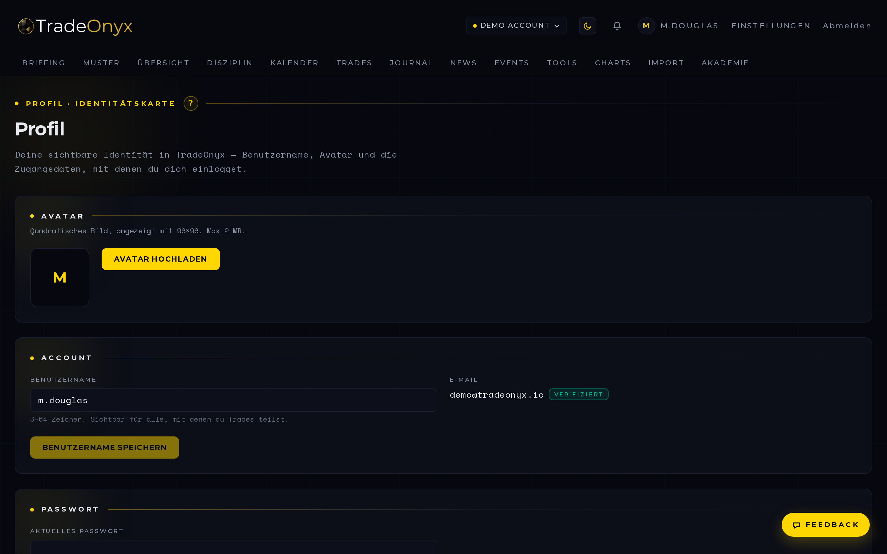 TradeOnyx Profile — Avatar, Username, Passwort, Standard-Risiko-Preset, Standard-Konto, Sprache und Anzeige-Zeitzone