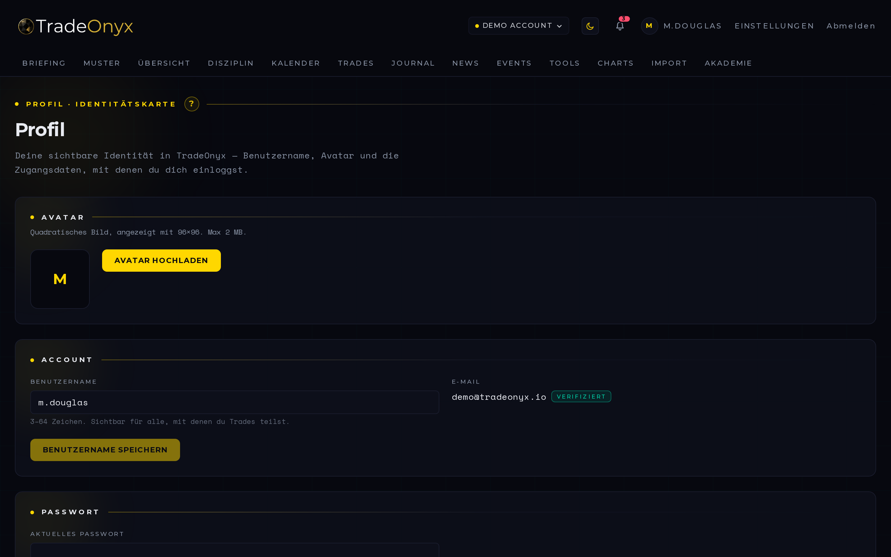 TradeOnyx Profile — Avatar, Username, Passwort, Standard-Risiko-Preset, Standard-Konto, Sprache und Anzeige-Zeitzone