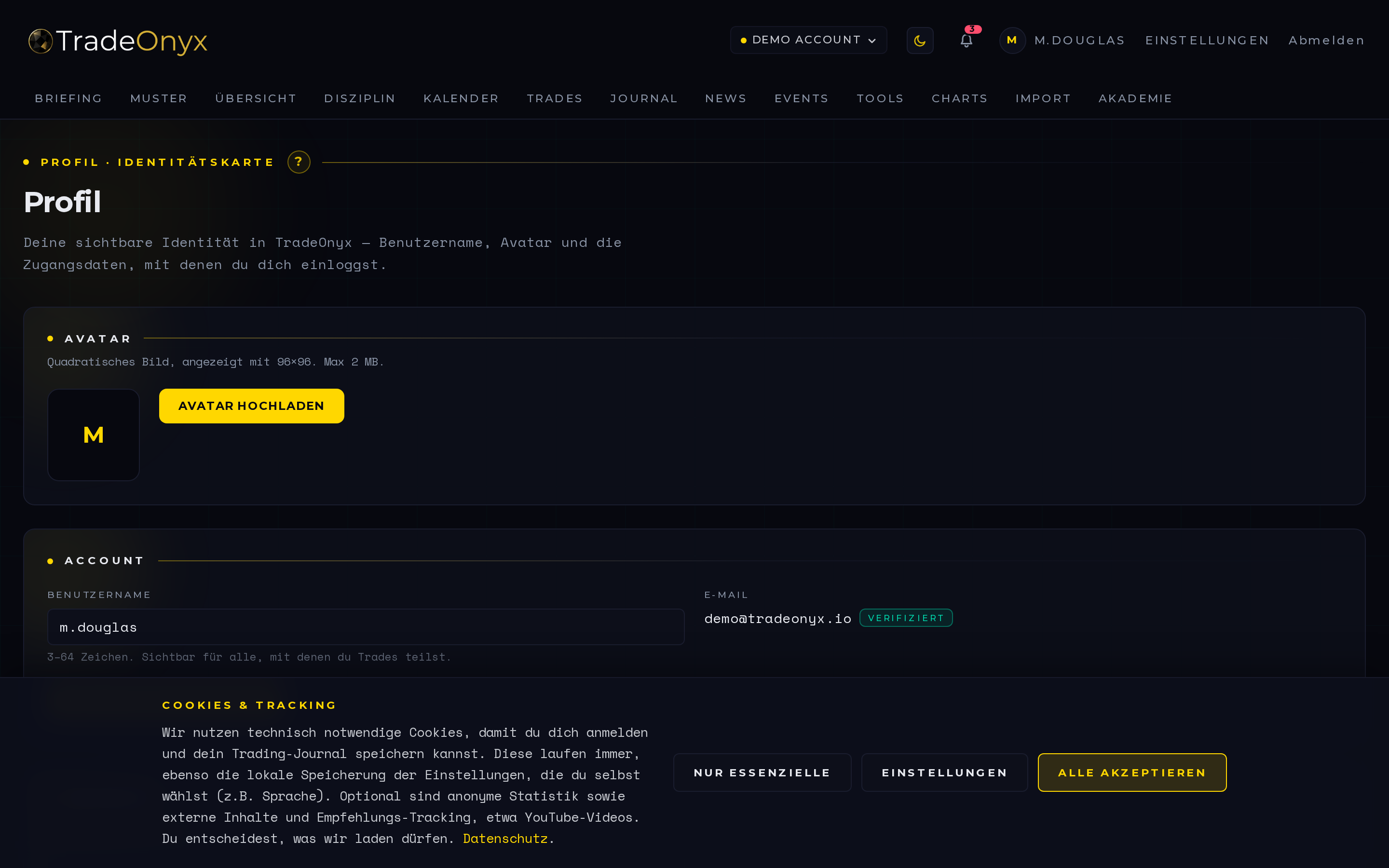TradeOnyx Profile — Avatar, Username, Passwort, Standard-Risiko-Preset, Standard-Konto, Sprache und Anzeige-Zeitzone