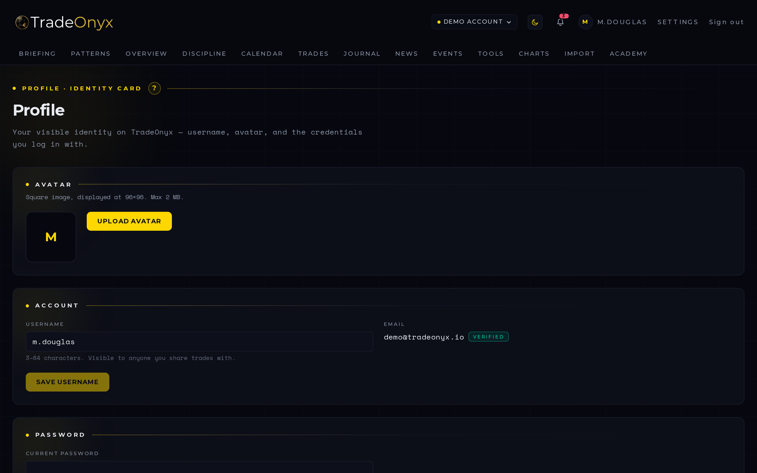 TradeOnyx Profile tab — avatar, username, password, default risk-per-trade preset selector, default account, language, and display time zone