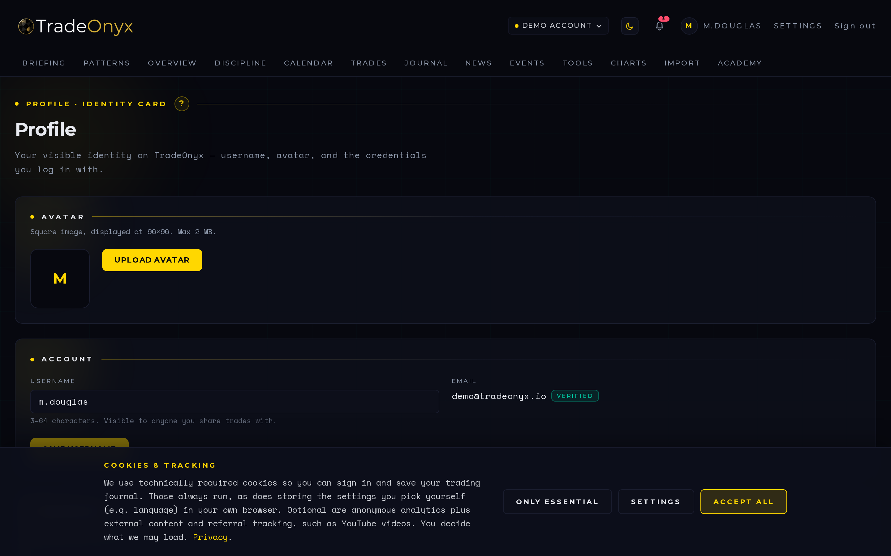TradeOnyx Profile tab — avatar, username, password, default risk-per-trade preset selector, default account, language, and display time zone