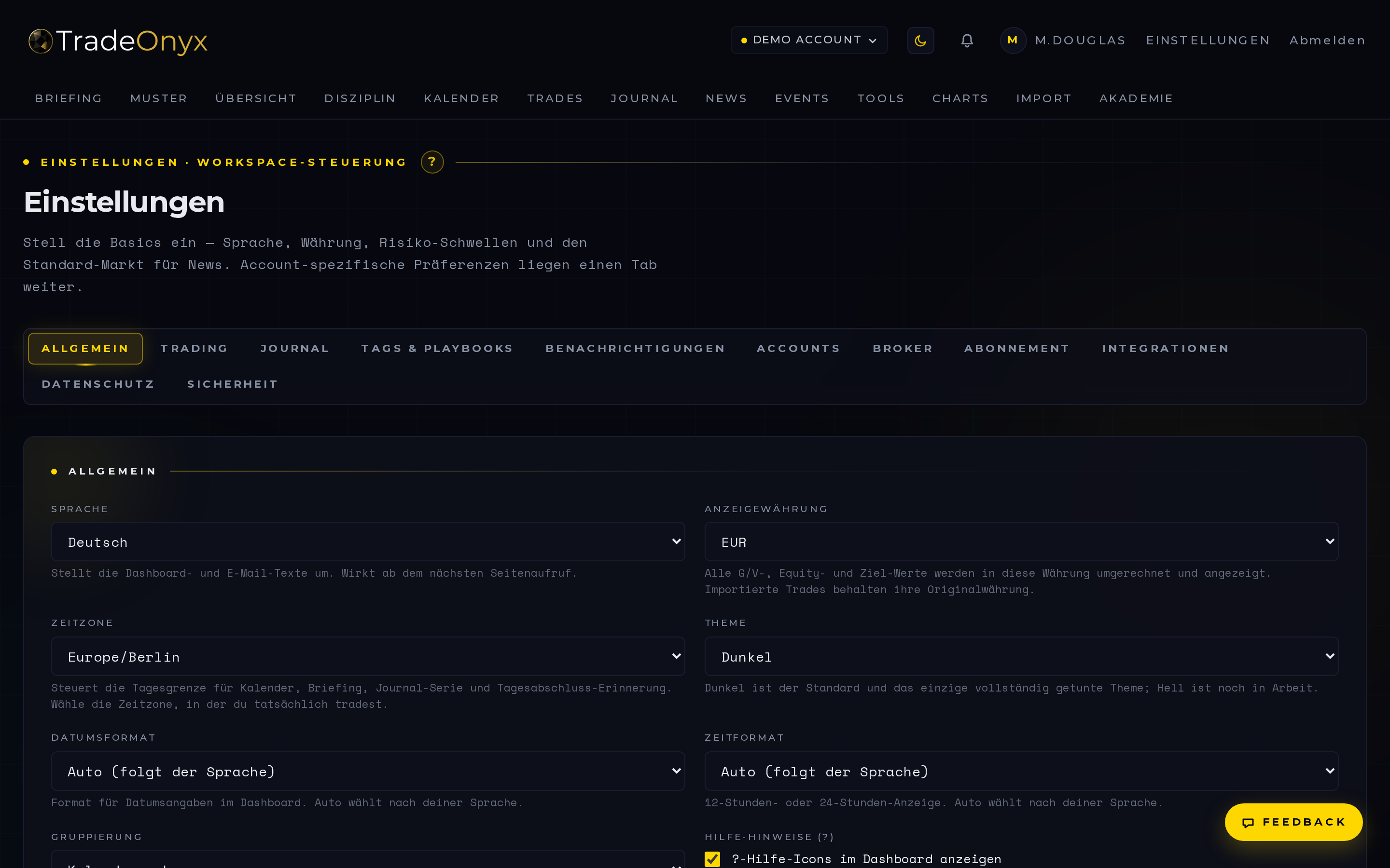 TradeOnyx Settings — Broker-Konten-Liste, Symbol-Mapping-Tabelle, Anlageklassen-Default, Anlage-KAP-Steuerexport, KI-Schalter, Theme