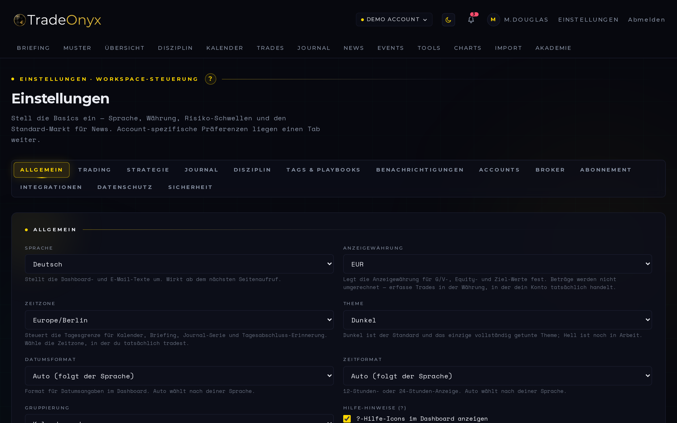 TradeOnyx Settings — Broker-Konten-Liste, Symbol-Mapping-Tabelle, Anlageklassen-Default, KI-Schalter, Theme