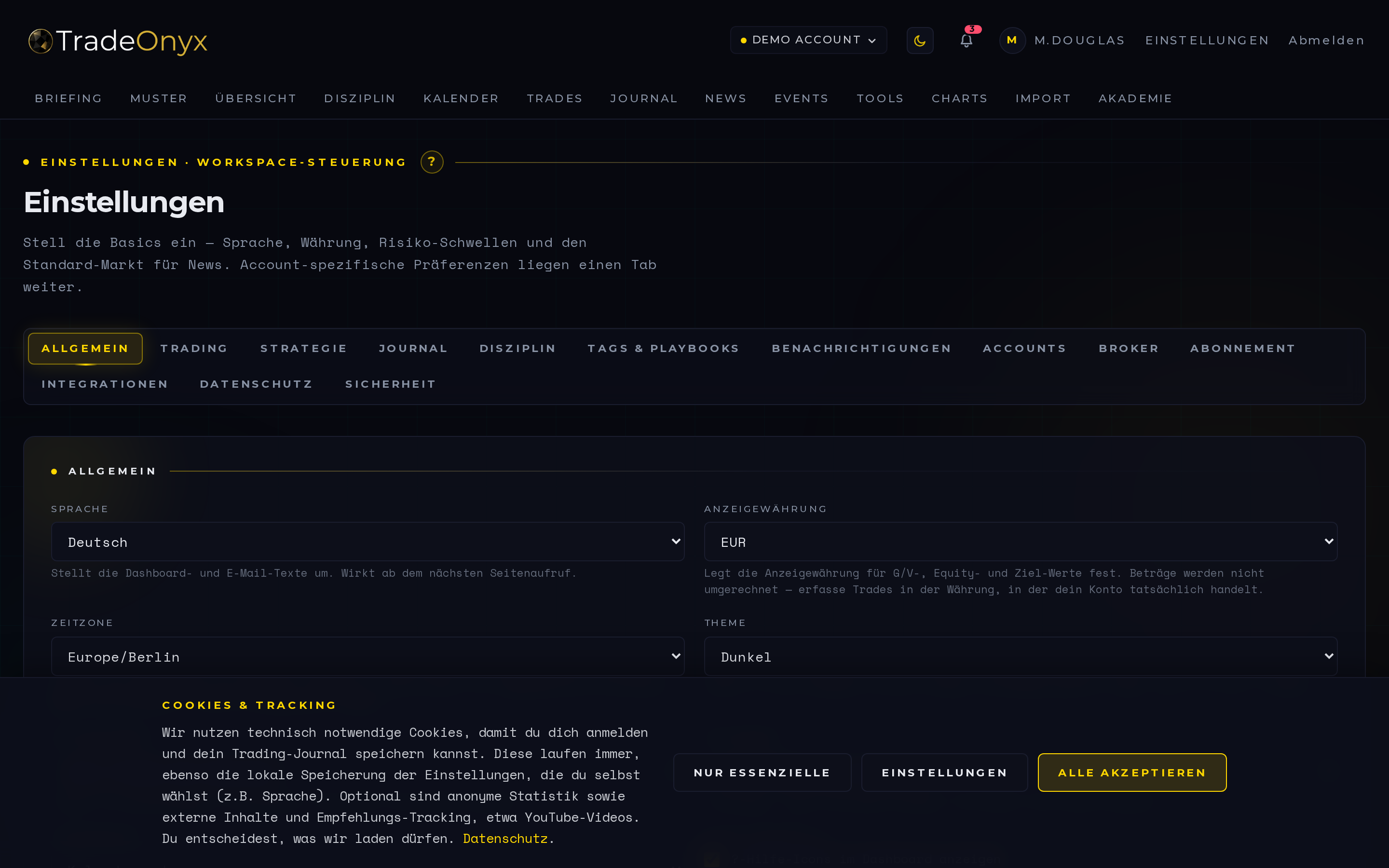 TradeOnyx Settings — Broker-Konten-Liste, Symbol-Mapping-Tabelle, Anlageklassen-Default, KI-Schalter, Theme