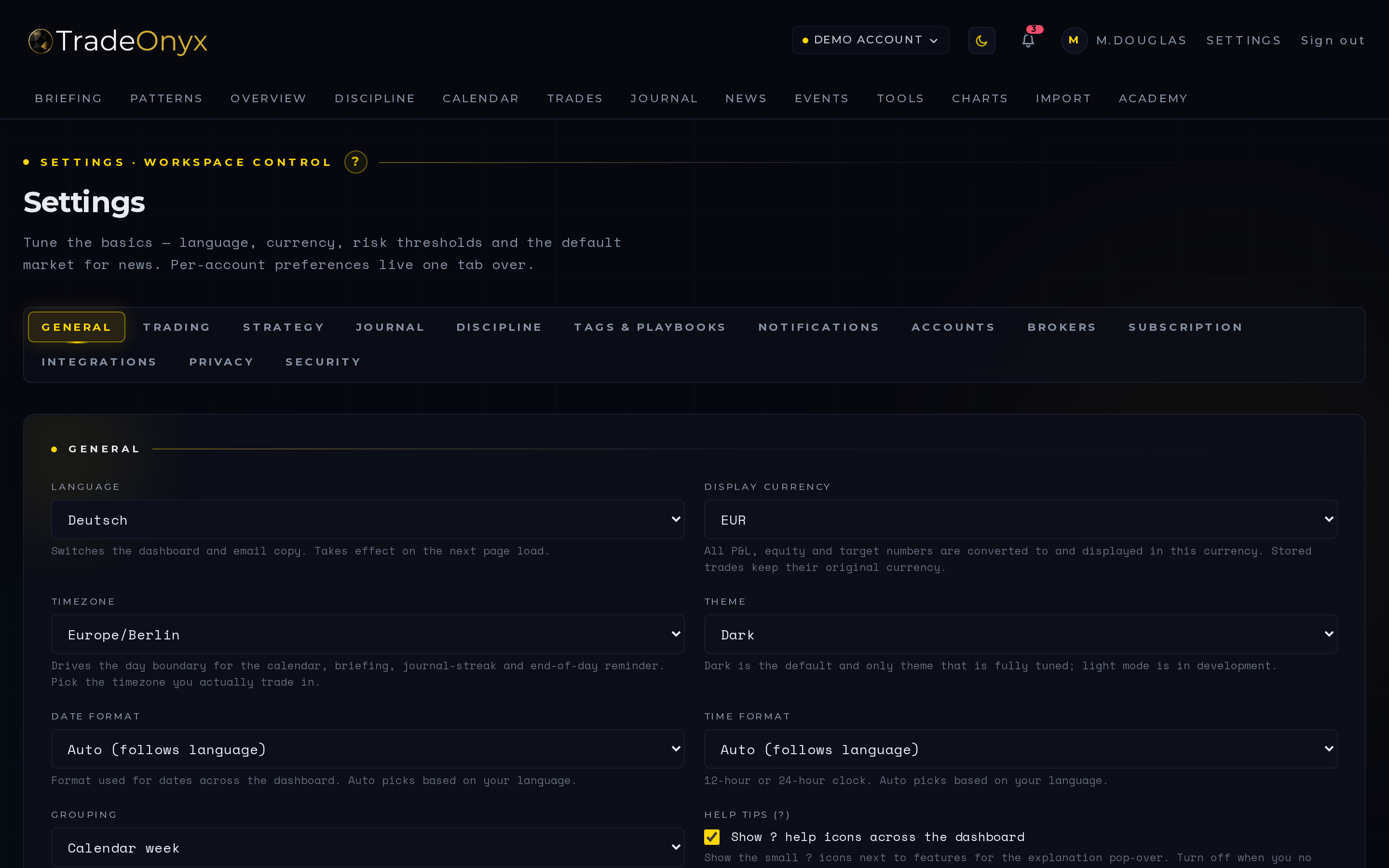 TradeOnyx Settings tab — broker account list, symbol mapping table, asset-class default, Anlage-KAP tax export, AI-features toggle, theme