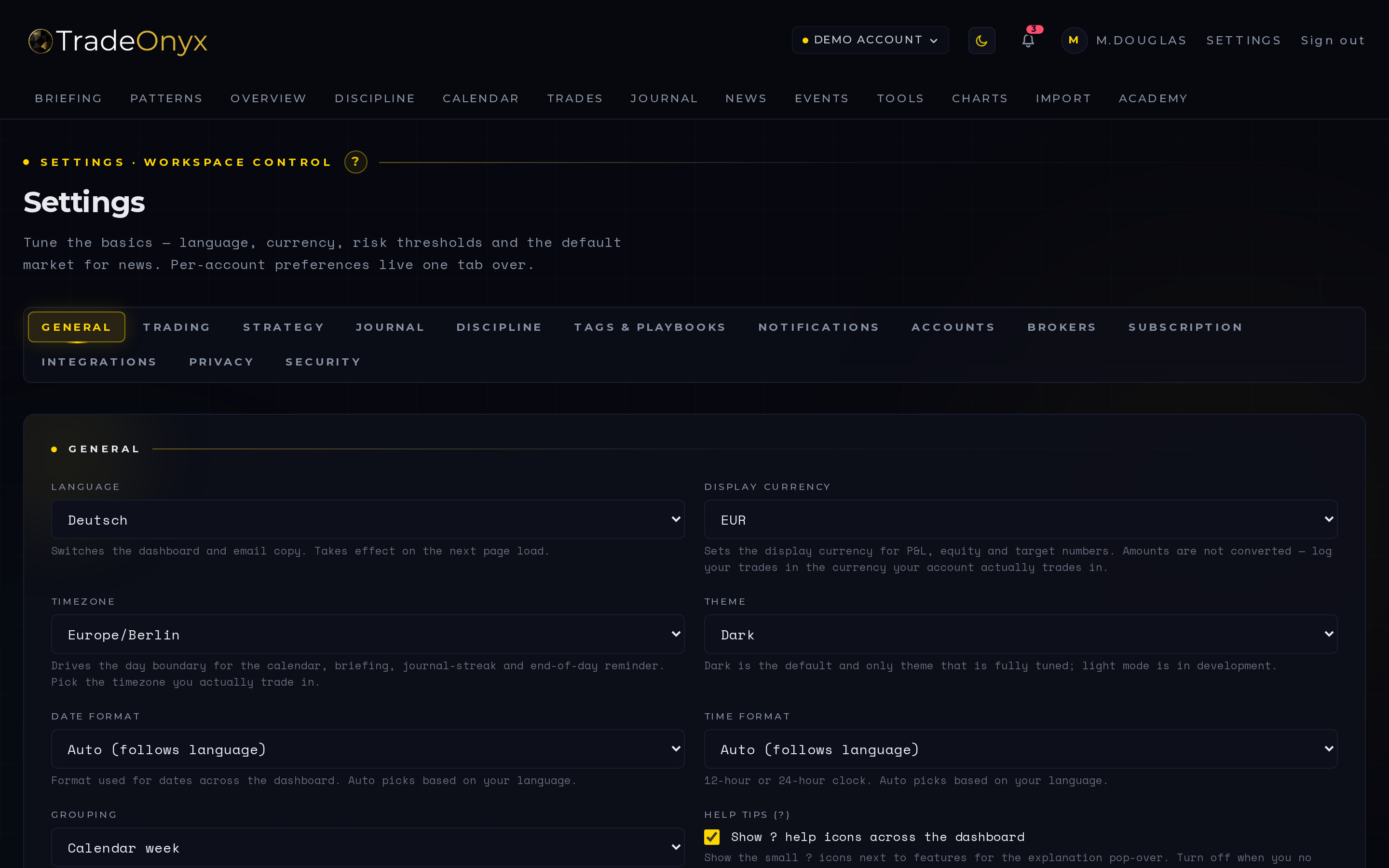 TradeOnyx Settings tab — broker account list, symbol mapping table, asset-class default, AI-features toggle, theme