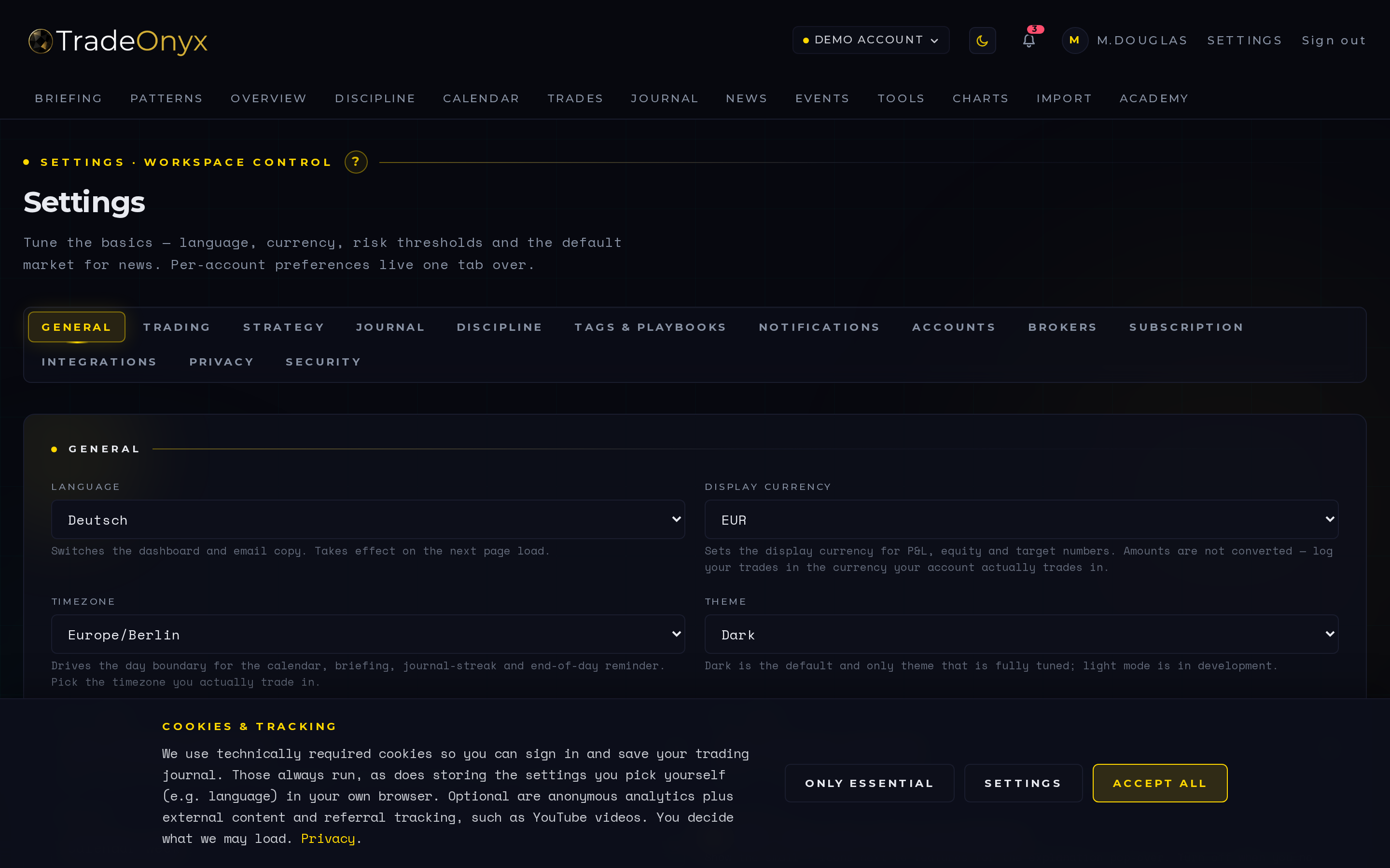 TradeOnyx Settings tab — broker account list, symbol mapping table, asset-class default, AI-features toggle, theme