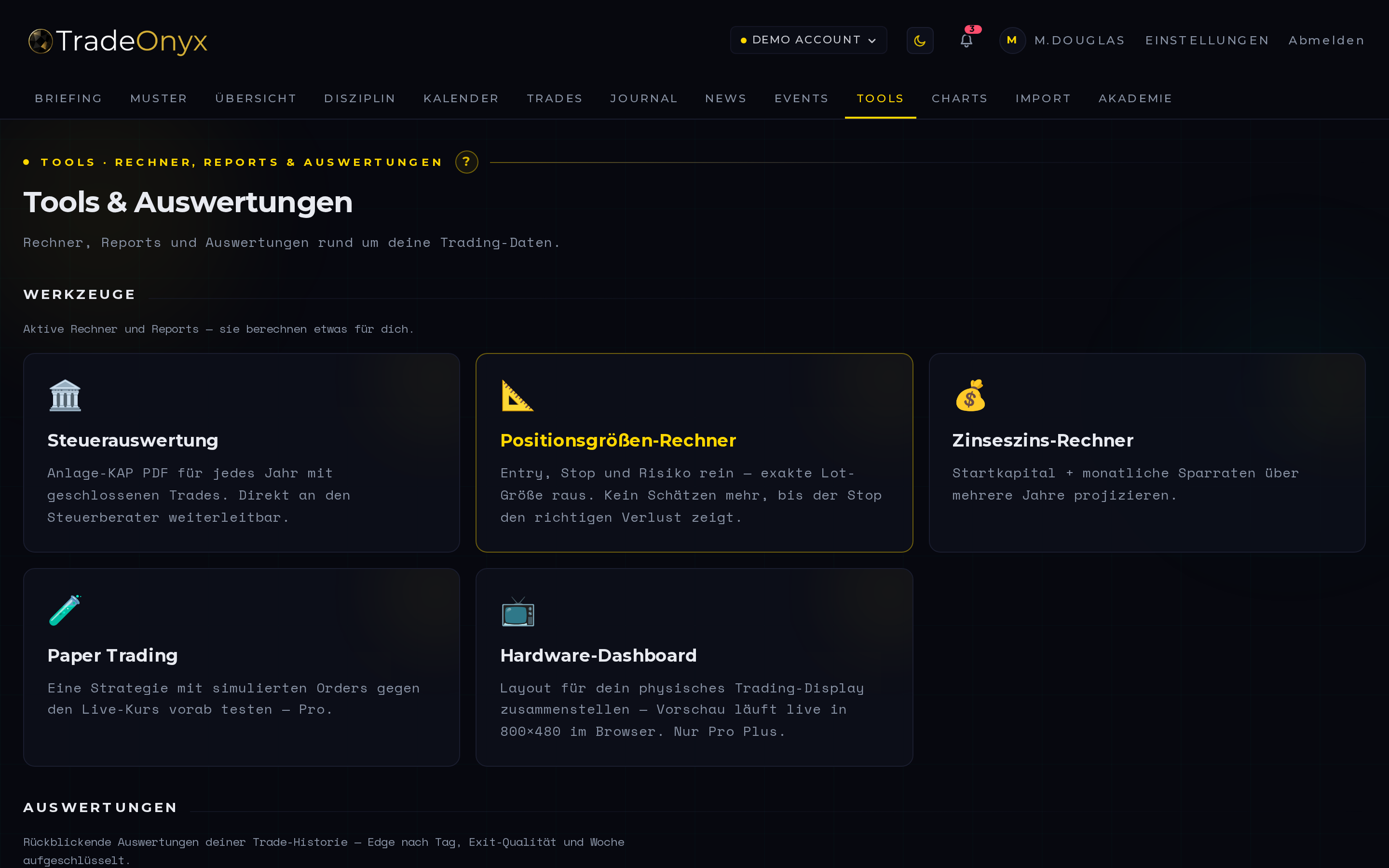 TradeOnyx Tools — Positionsgrößen-Rechner, R:R-Rechner und Pip-Wert-Tabelle mit Multi-Currency-Unterstützung