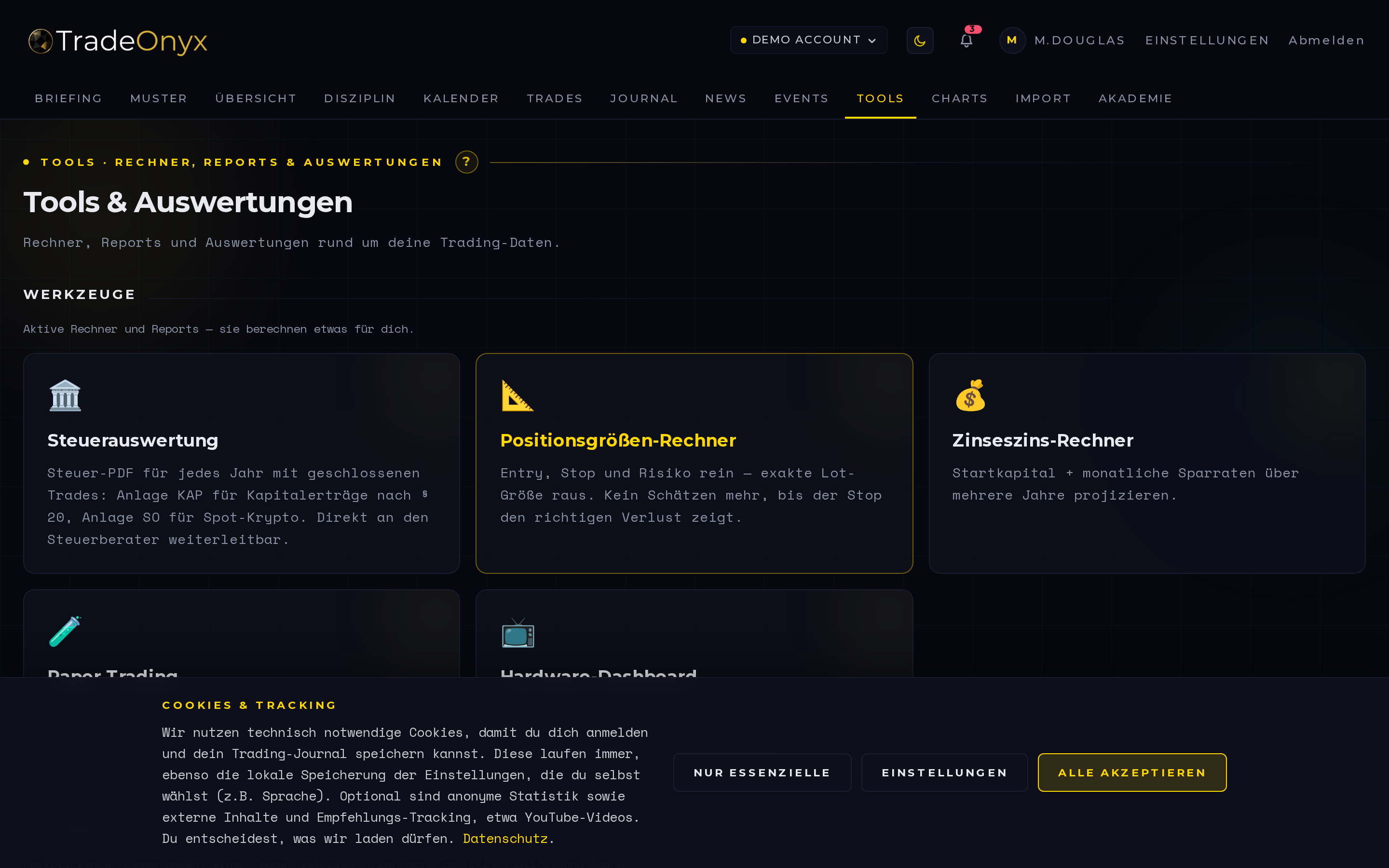TradeOnyx Tools — Positionsgrößen-Rechner, R:R-Rechner und Pip-Wert-Tabelle mit Multi-Currency-Unterstützung