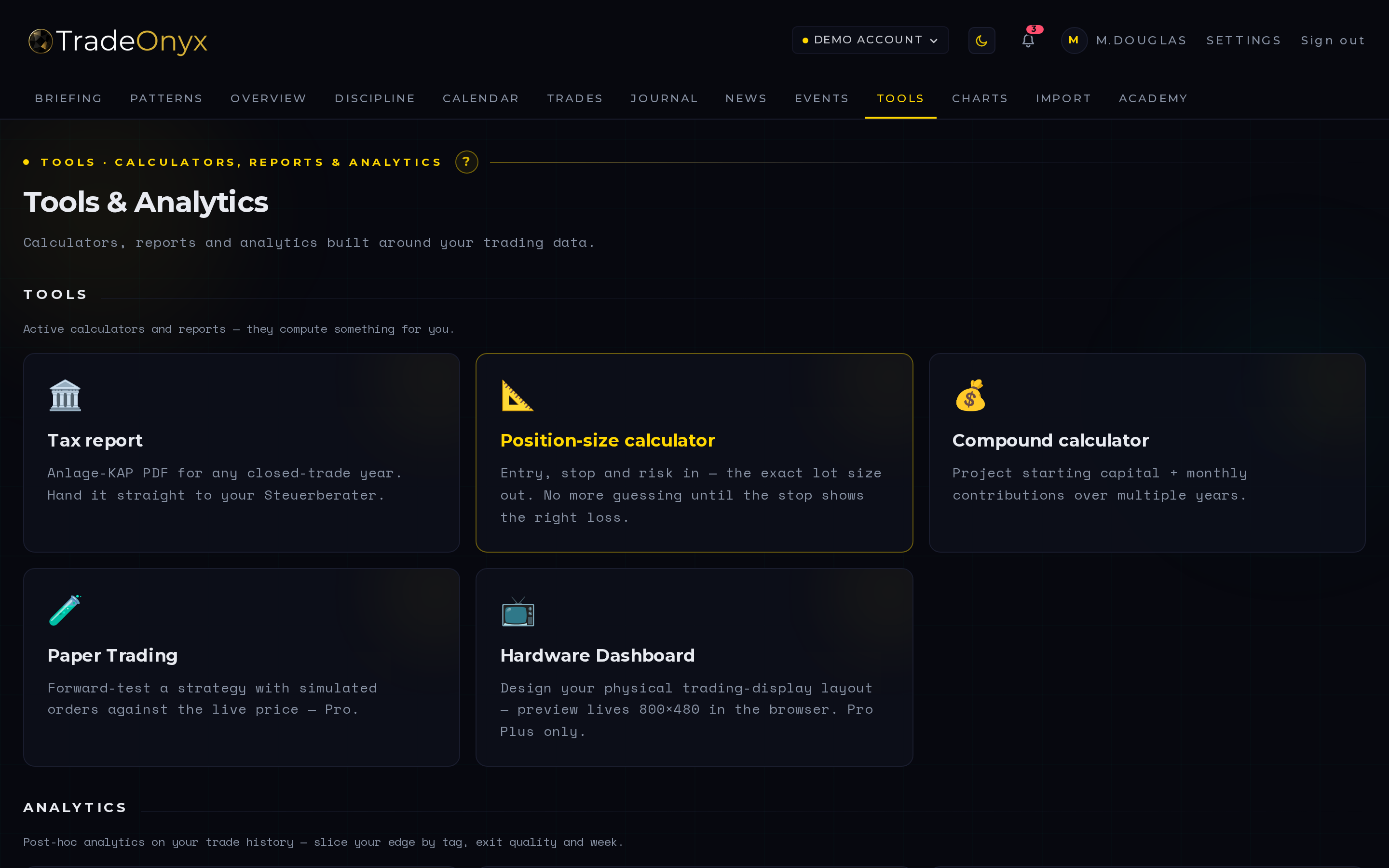 TradeOnyx Tools tab — position-size calculator, R:R calculator, and pip-value table with multi-currency support