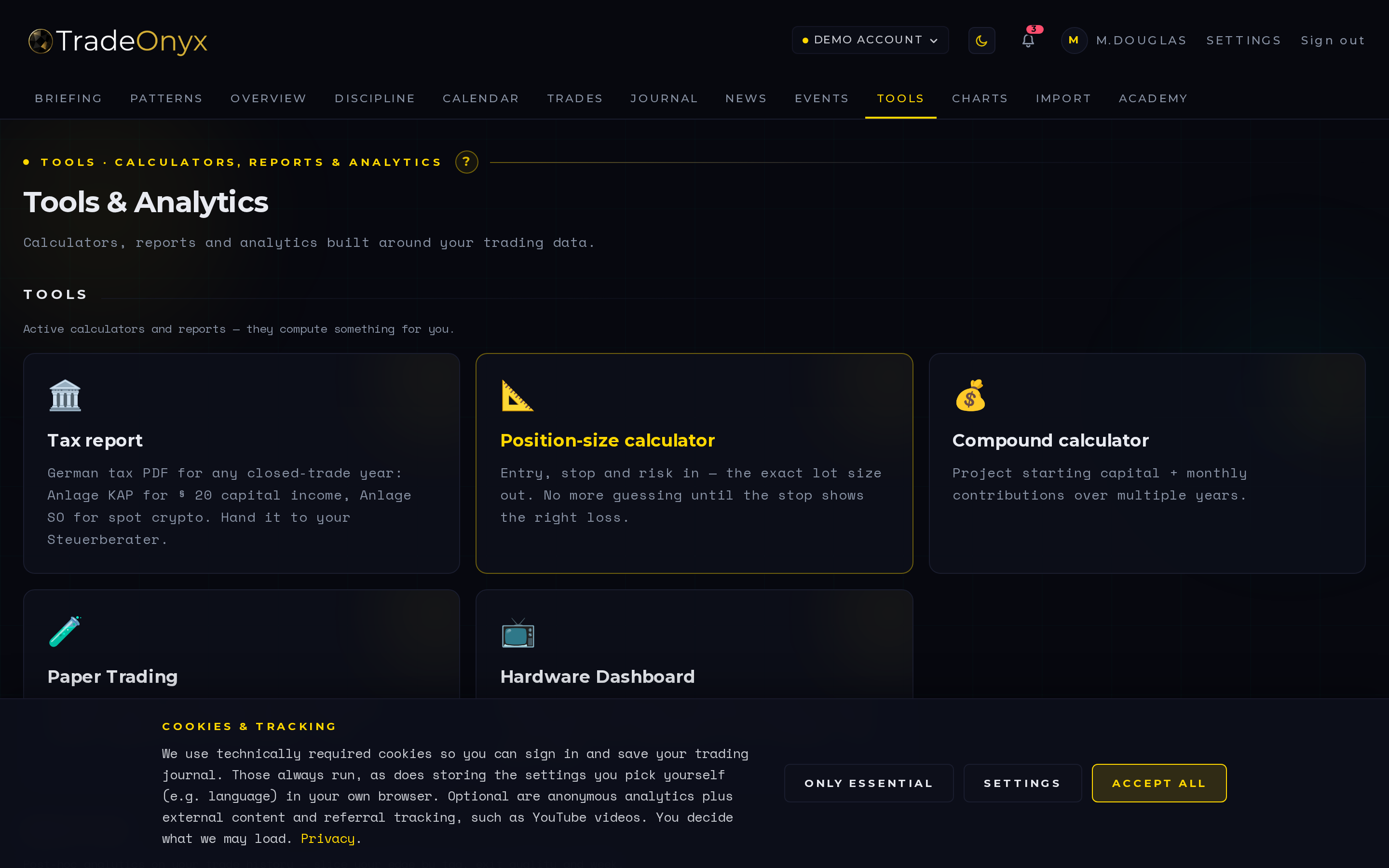 TradeOnyx Tools tab — position-size calculator, R:R calculator, and pip-value table with multi-currency support