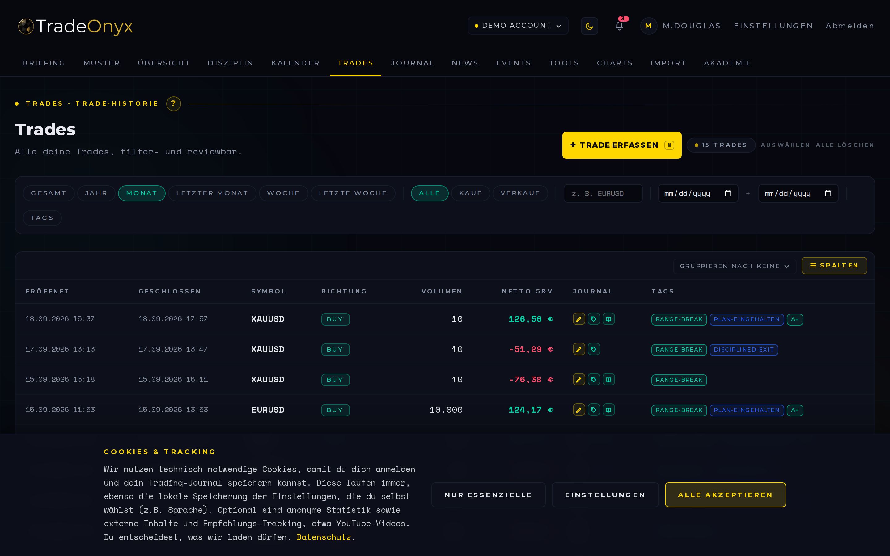 TradeOnyx Trades-Tab — filterbares Trade-Inventar mit Tags, R-Multiples, P&L pro Zeile, Drill-In zum Detail-Modal