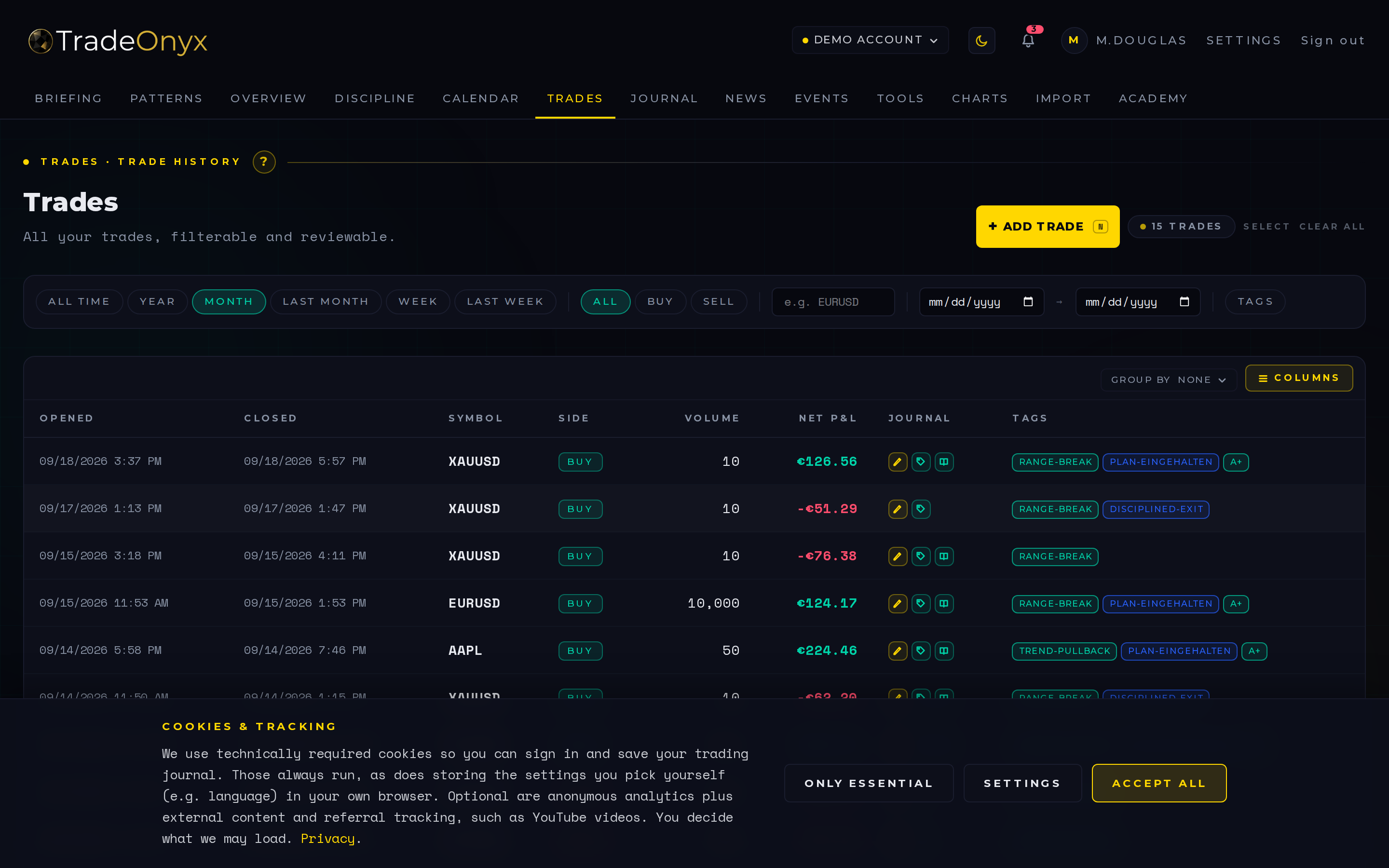 TradeOnyx Trades tab — filterable trade inventory with tags, R-multiples, P&L per row, drill-in to detail modal